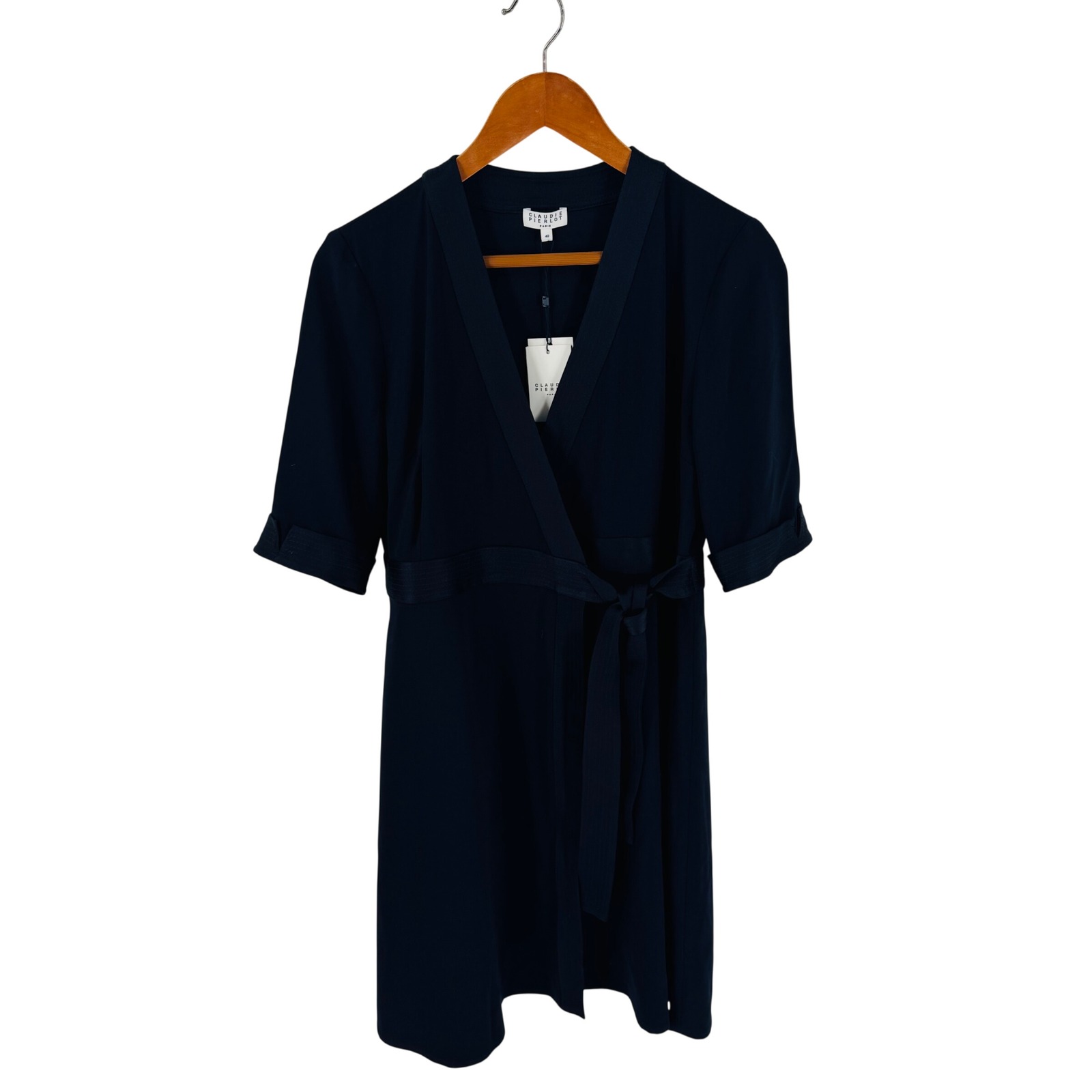 Claudie Pierlot Rosilea Marine Navy Blue Wrap Dress Short Sleeve Size 40 New